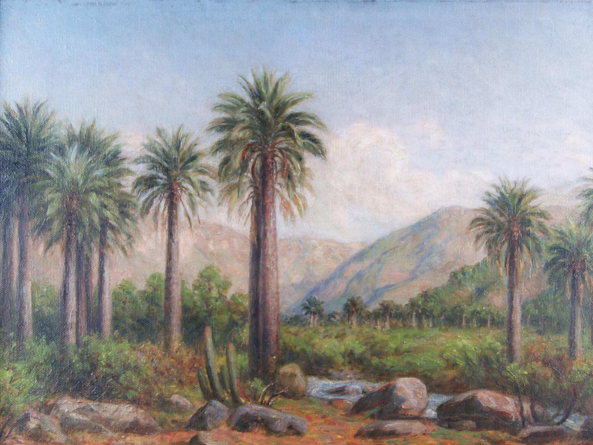 Composición en base a un paisaje con palmas chilenas, arbustos, árboles y arrollo. De fondo pequeños cerros en tonos marrones, cielo y nubes.