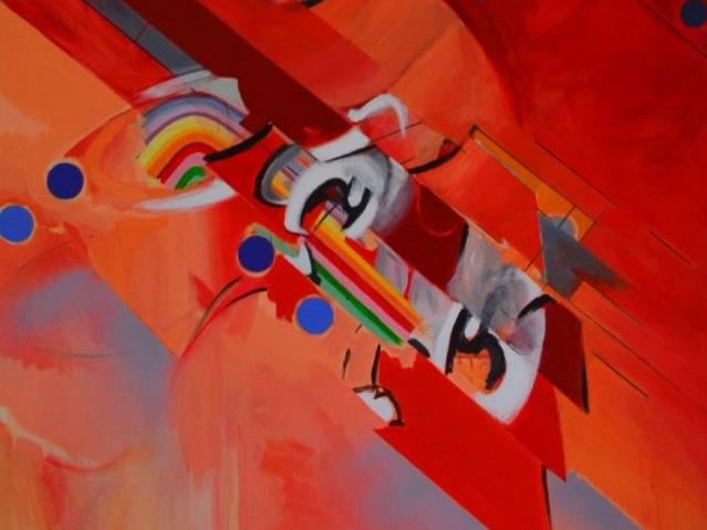 Cuadro abstracto en tonos cálidos, en el centro los trazos de colores forman un arcoíris y unos ojos de payaso observando al espectador. 