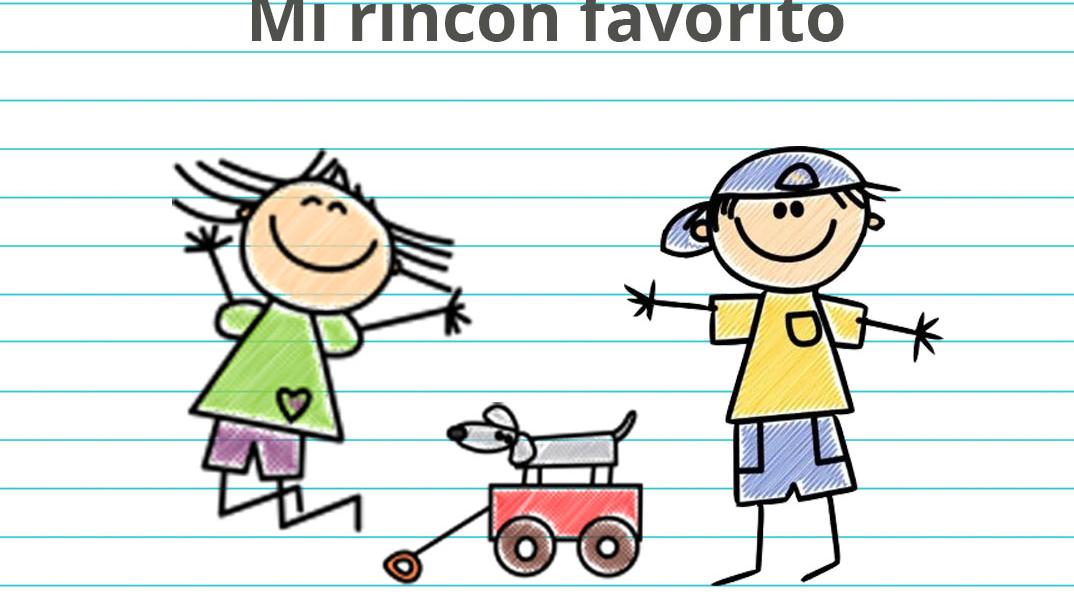 Dibujo de una niña saltando y un niño observando junto a su perro montado en un carrito.