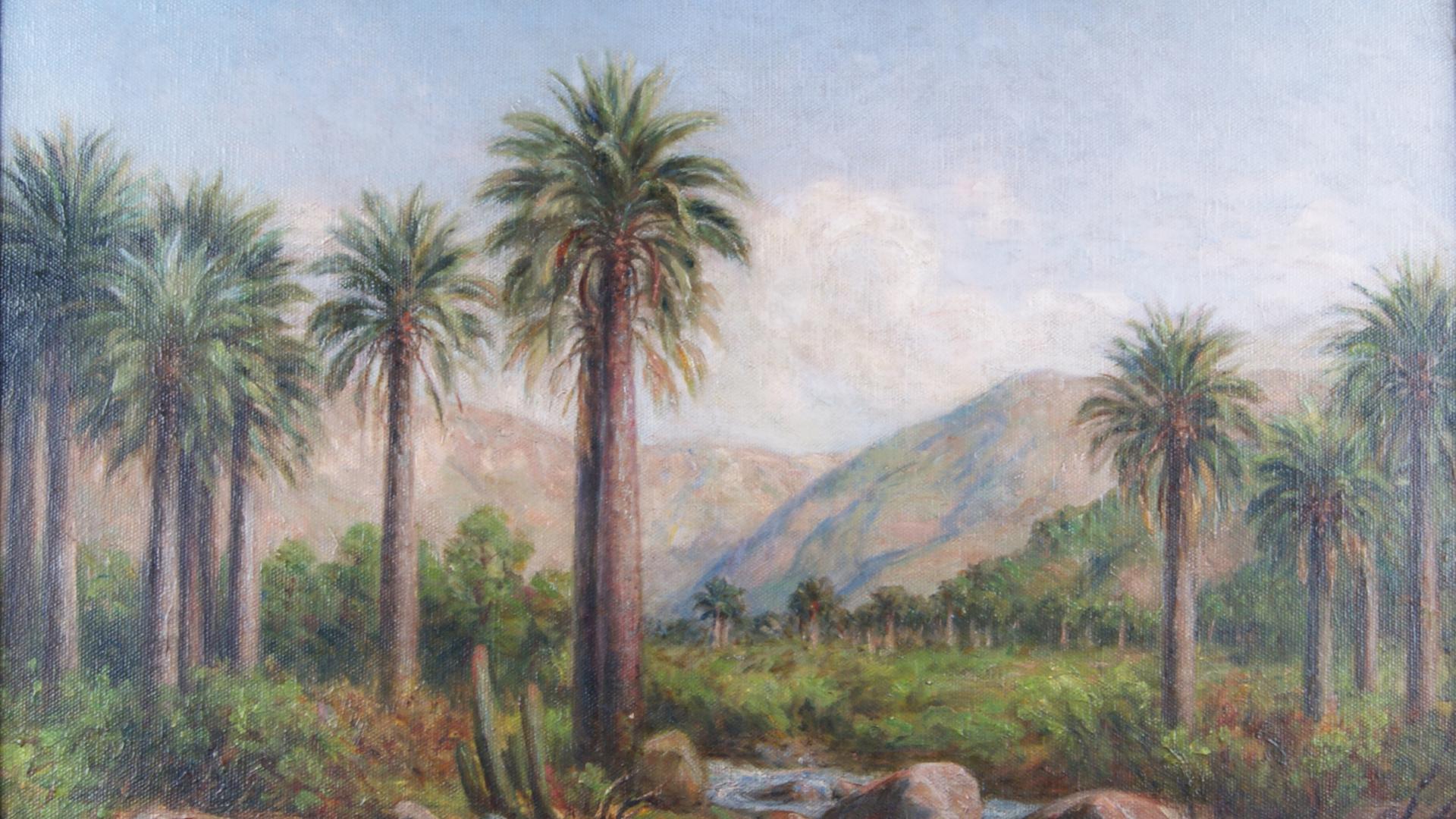 Composición en base a un paisaje con palmas chilenas, arbustos, árboles y arrollo. De fondo pequeños cerros en tonos marrones, cielo y nubes.