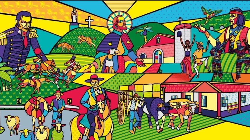 Ilustración digital en diversidad de colores que muestra escenas campesinas como hombres caballo, hombres arriando ganado, bailes populares, etc.