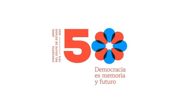 Afiche tipográfico en tonos beige, naranjo y celeste, con la leyenda “Cincuenta años del Golpe de Estado 1973-2023. Democracia es memora y futuro”