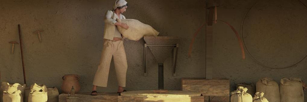 Imagen 3D que ilustra un trabajador vertiendo los granos a la maquinaria para su molienda. 