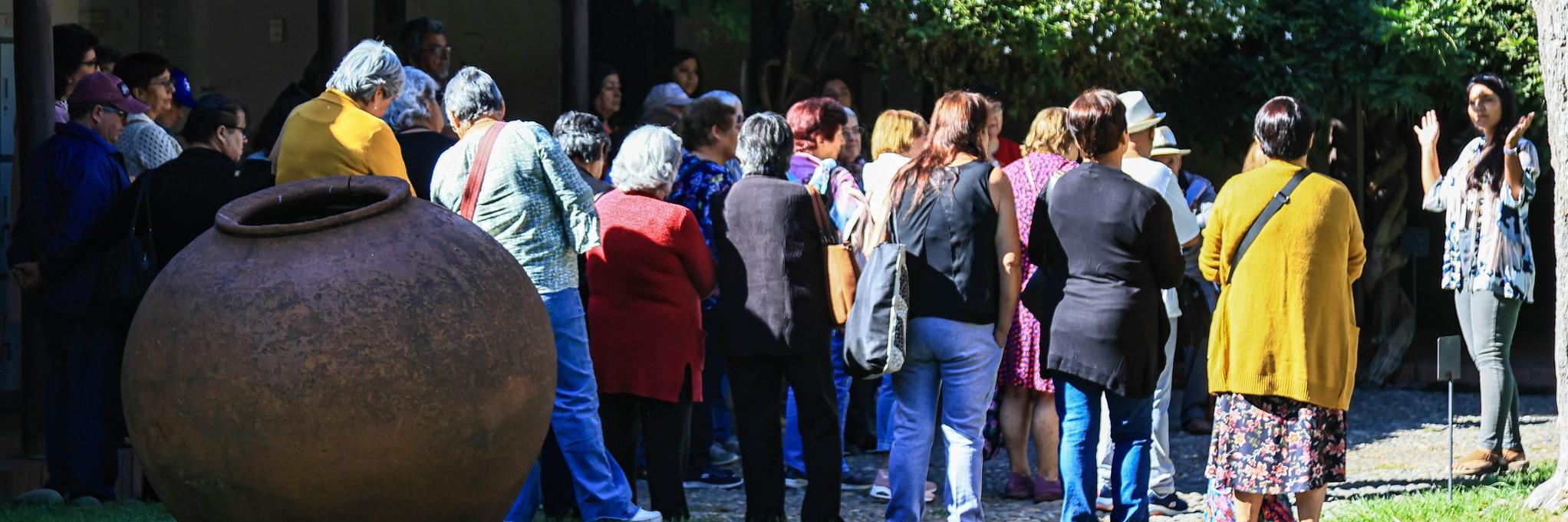 Fotografía panorámica en que se aprecia un grupo de adultos mayores de espalda a la cámara, rodeados de vegetación como un árbol de níspero, un jazmín español y césped. En primer plano se ubica una tinaja de greda (jarrón grande) completando la escena.  