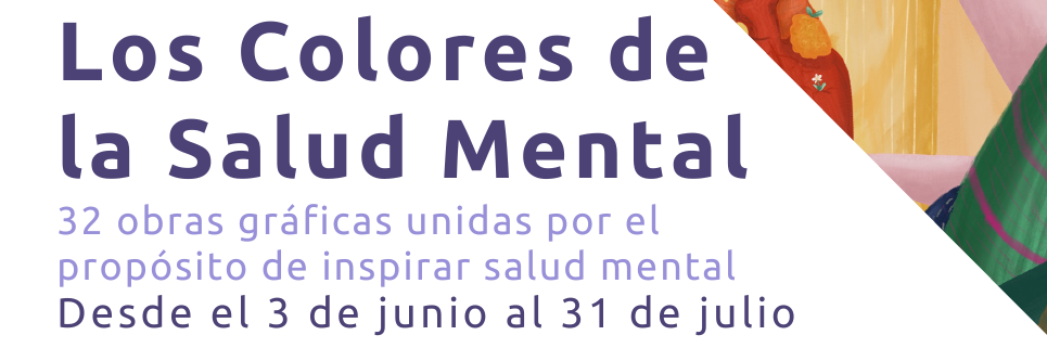 afiche con letrero Exposición los colores de la salud mental. ilustración de una mujer con cabellos negro, ojos cerrados y las orejas muy grandes.