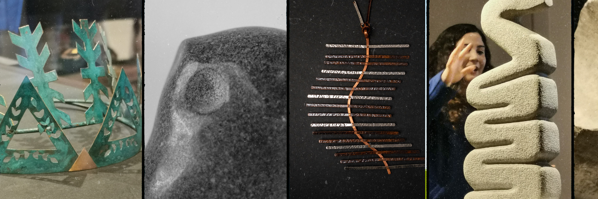 imagen compuesta con fotografías de objetos de orfebrería y esculturas de piedra