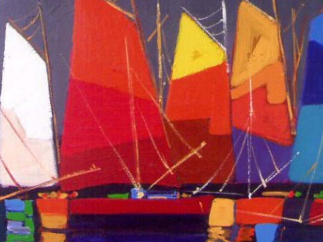 Arte figurativo, se aprecian veleros en la bahía, en tonos cálidos en contraste con un velero de color blanco y azul 