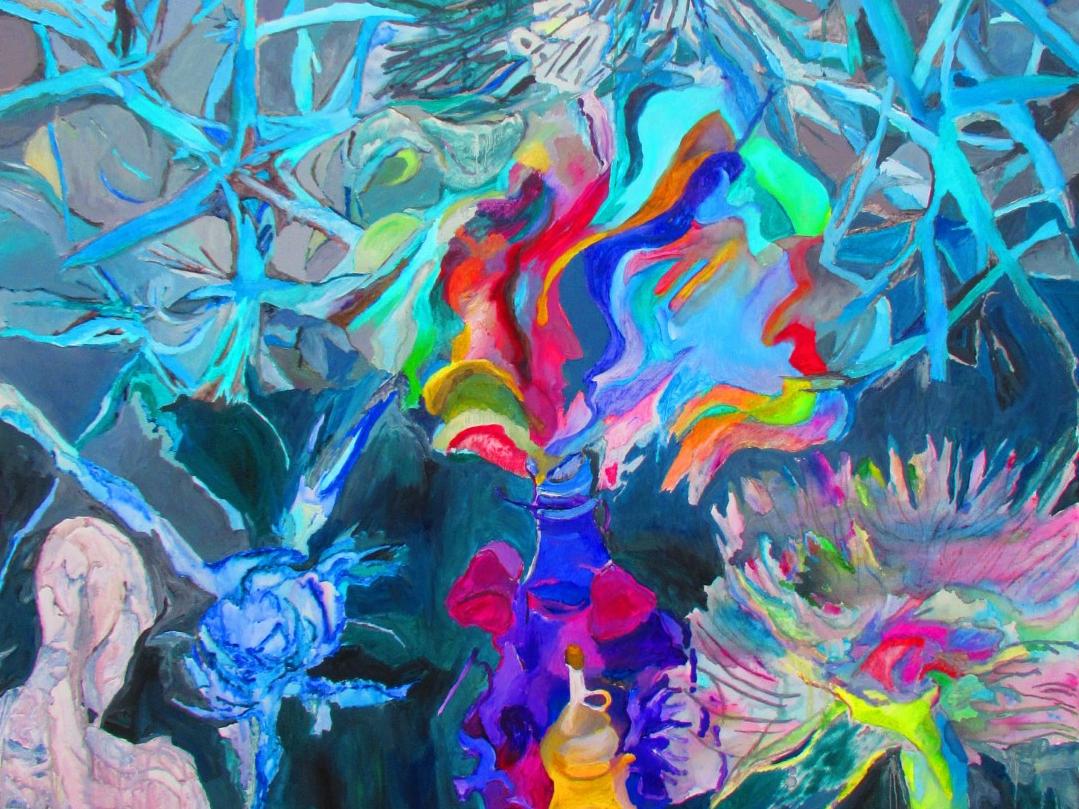 Obra pictórica de tipo abstracta, en tonos azulados, grises y en su centro una explosión de ondas en diversos tonos que forman un arcoíris. 