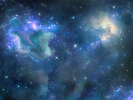 Imagen que muestra el espacio exterior, se aprecian algunas estrellas y luz en tonalidades azules y moradas.