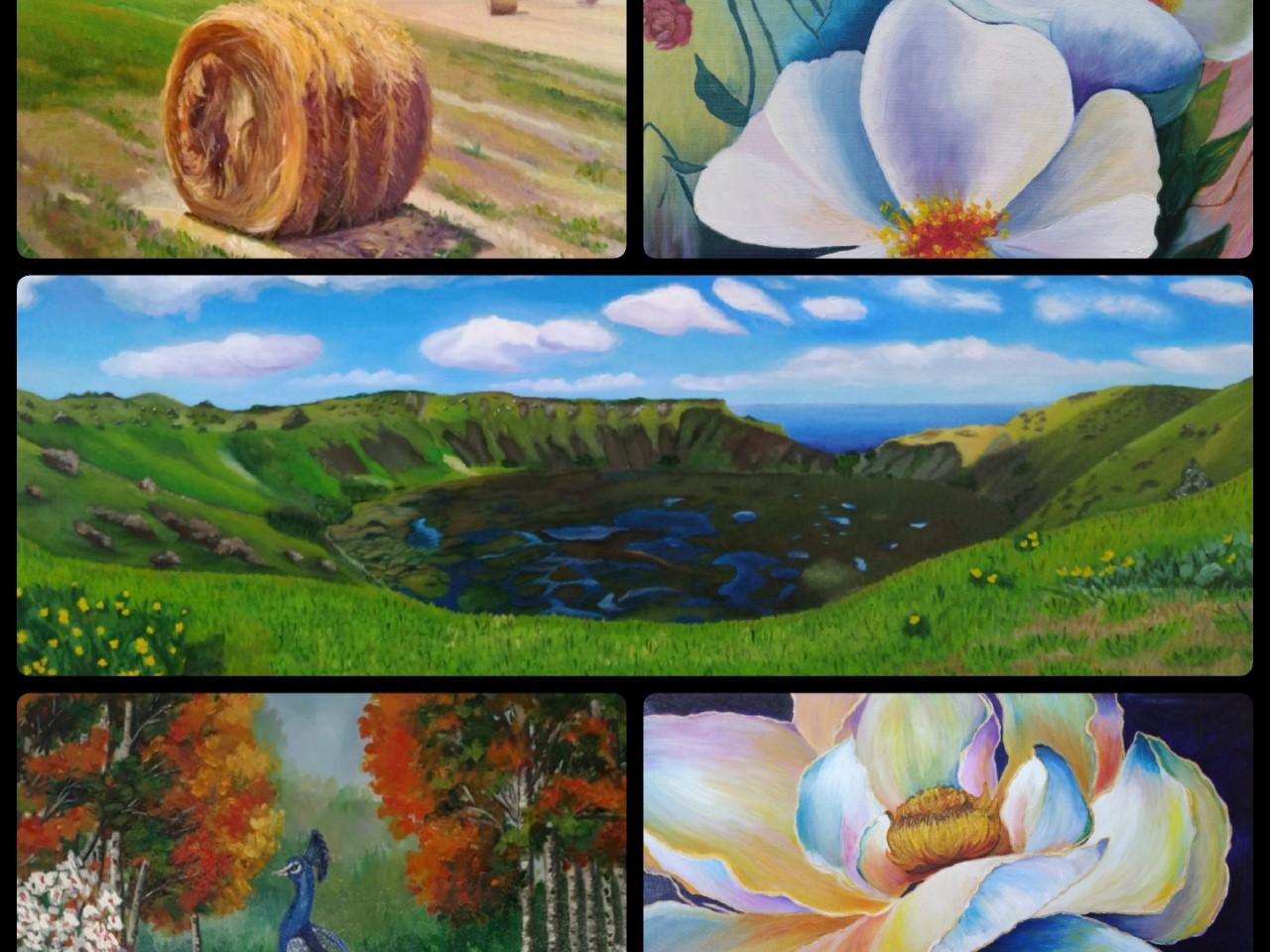 Collage en que se aprecian un heno en el campo, dos cuadros de flores blancas, un paisaje de la isla de pascua y un pavo real en un fondo de árboles otoñales