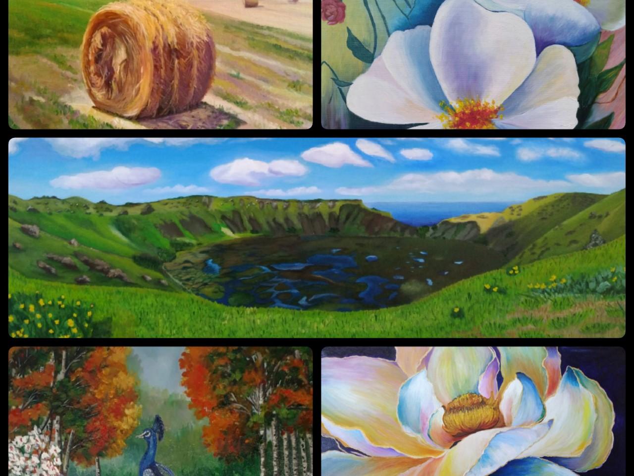 Collage en que se aprecian un heno en el campo, dos cuadros de flores blancas, un paisaje de la isla de pascua y un pavo real en un fondo de árboles otoñales