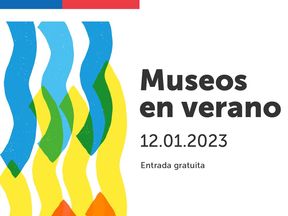 Imagen con cotillón festivo en tonos azules, amarillos y naranjo, con la frase “Museos en verano”