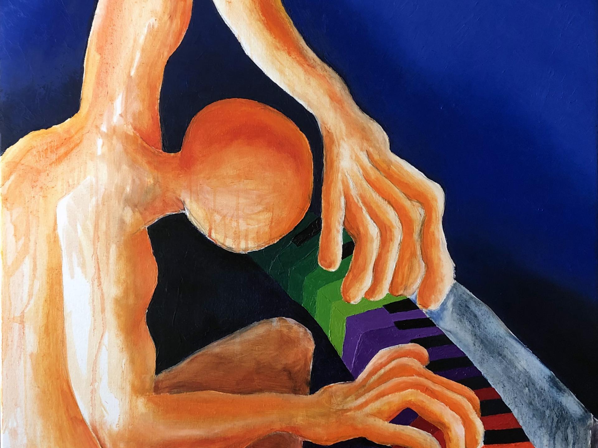 Pintura de óleo sobre tela en que se aprecia una figura humana sin rostro sentada en un banco, tocando un piano/teclado, en tonos naranjas y azules.