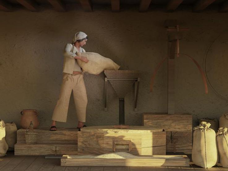 Imagen 3D que ilustra un trabajador vertiendo los granos a la maquinaria para su molienda.
