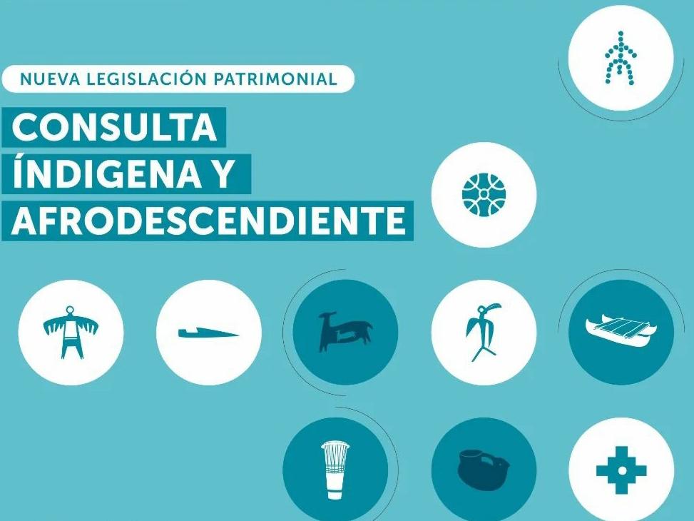 Afiche tipográfico con la leyenda “consulta indígena y afrodescendiente” en tonos turquesas, adicionalmente se aprecian círculos que es su interior tienen dibujos de símbolos indígenas con un kultrun, llama, canoa, etc.