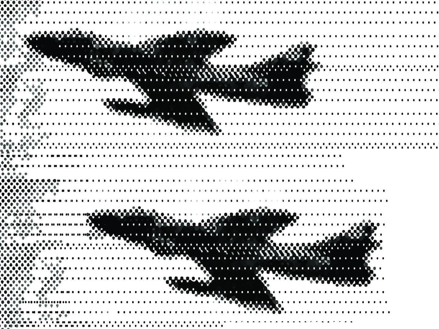 Afiche en blanco y negro donde se aprecia la silueta de tres aviones militares. En un costado escrita la leyenda “Memoria presente: 50 años del Golpe de Estado”