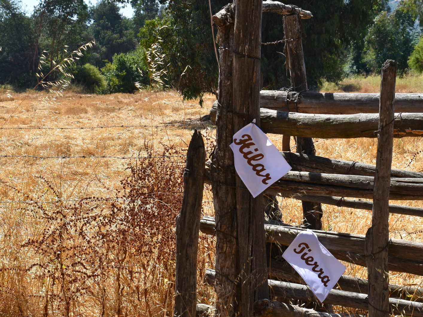 Imagen que en primera planta se aprecia una reja de madera, en ella cuelgan dos banderas blancas con las palabras “Hilar” y “Tierra”. En segundo plano, se aprecia una pradera con pasto seco en tono dorado. Al fondo de la imagen el pasto se convierte en árboles frondosos en tonos verdes. 