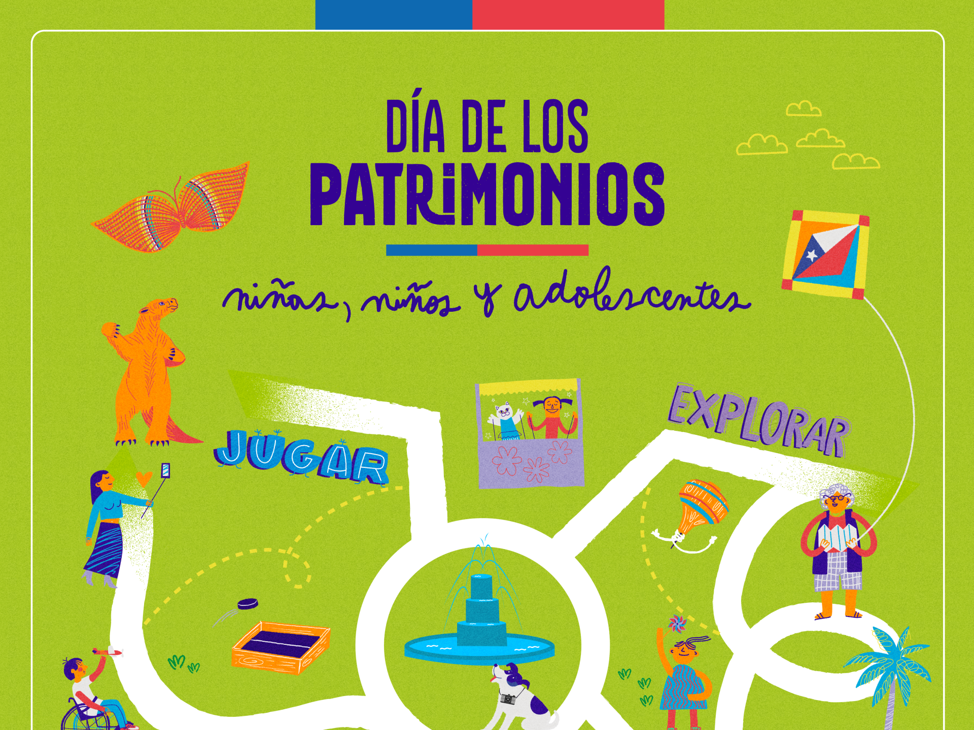 Lamina con fondo verde, con el dibujo de un mapa de calles encima. texto principal día de los Patrimonios y escrito con letra manuscrita Niñas, niños y adolescentes. Tambien se leen las palabras, Jugar, amistad, Paseos, Explorar.