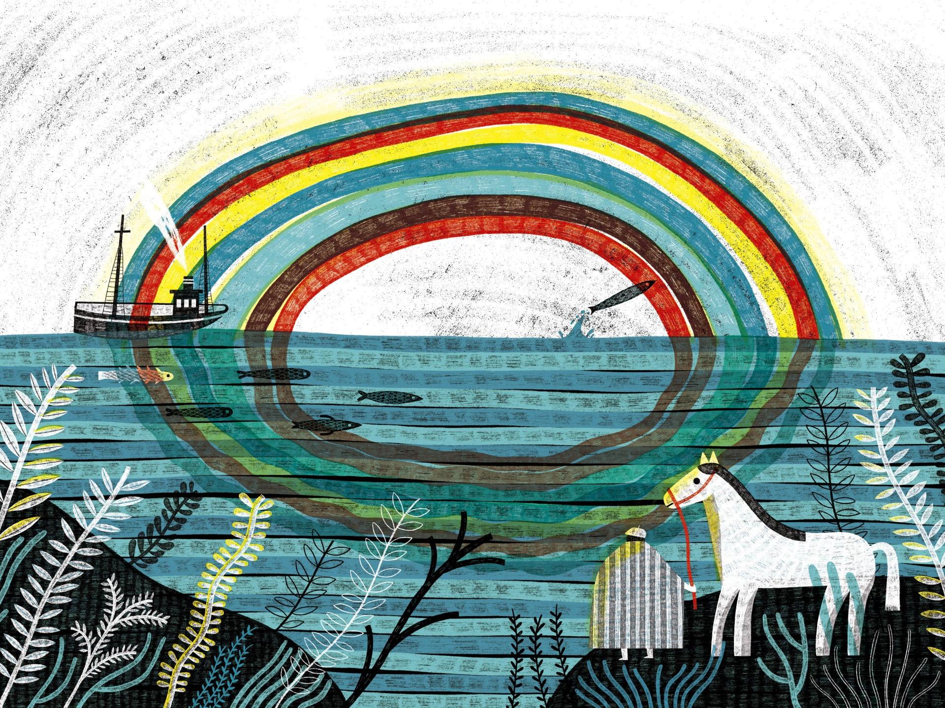 Ilsutración infantil Paisaje con fondo Marino con algas y caballos y en la superficie un arcoiris ovalado que tiene la mitad sobre el agua y la otra mitad bajo el agua