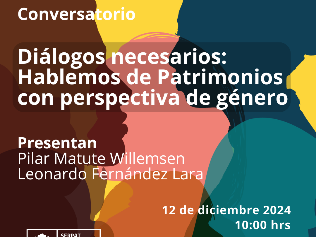 afiche donde se lee Dialogos Necesarios, hablemos de patrimonios con perspectivas de génerofondo con sombras de mujeres en colores azul, celeste, rosa y café.