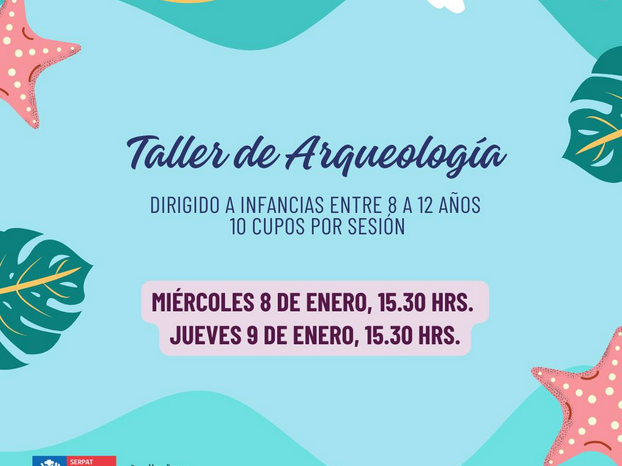 fondo celeste con estrellas de mar flores y hojas, en letras azules dice taller de arqueología