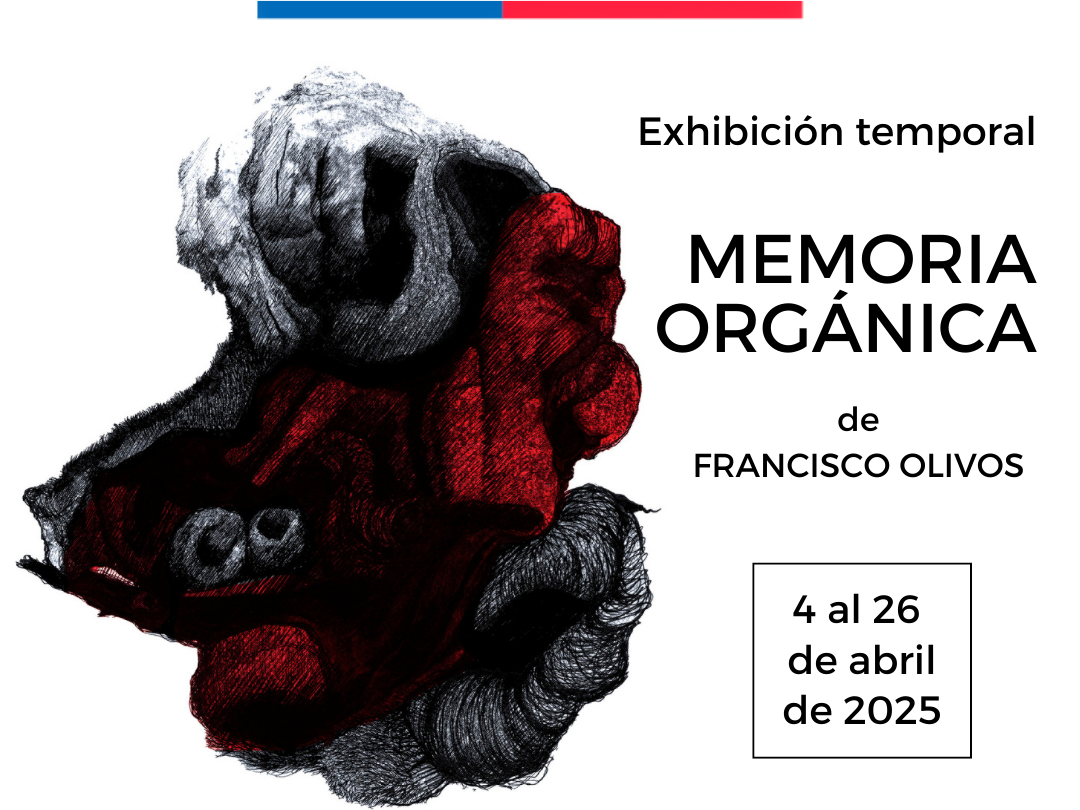 Afiche blanco con letras negras donde se lee Exhibición Temporal Mem,oria Orgánica de Francisco Olivos