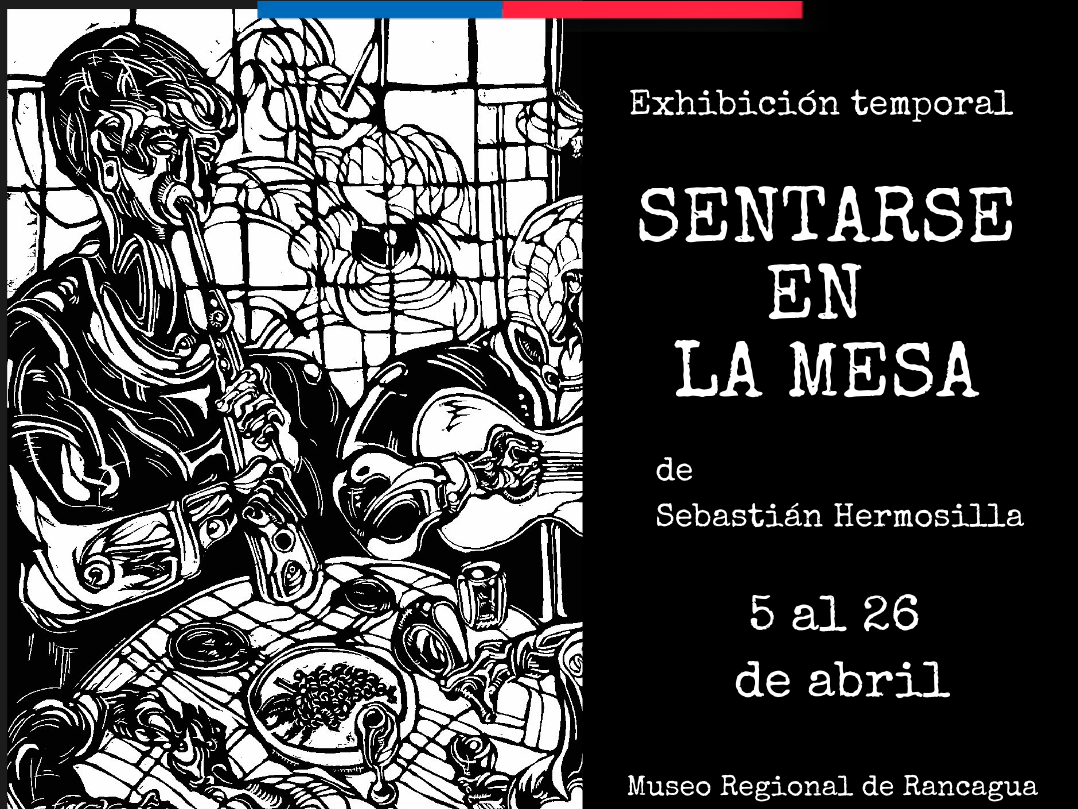 Afiche fondo negro letras blancas con el texto Sentarse en la mesa de Sebastián Hermosilla