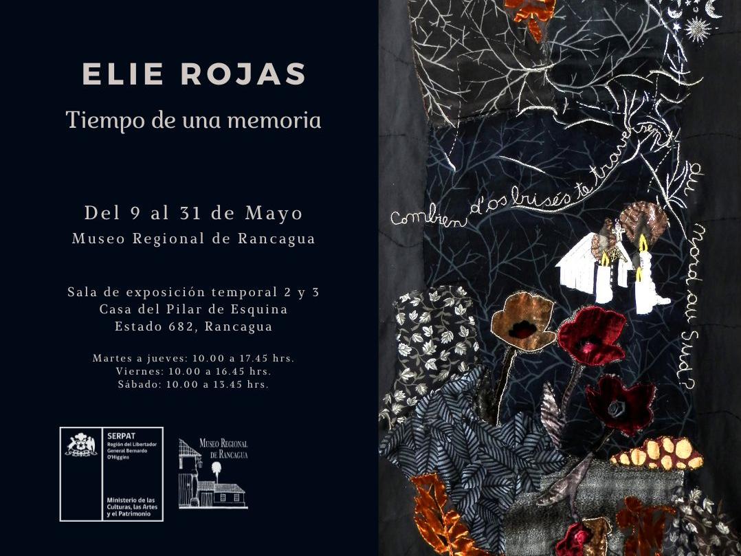 afiche con fondo negro. Tapiz en colores naranjos y rojos. Elie Rojas, Tiempo de una Memoria del 9 al 31 de Mayo, Museo Regional de Rancagua.