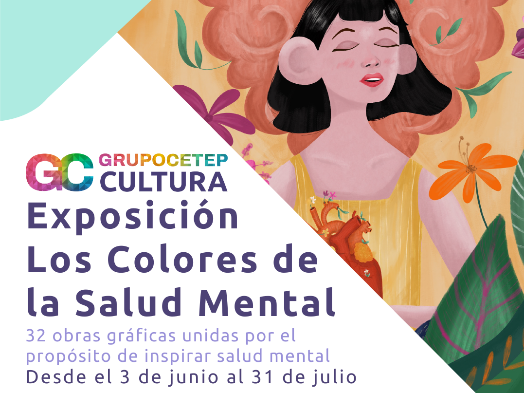 afiche con letrero Exposición los colores de la salud mental. ilustración de una mujer con cabellos negro, ojos cerrados y las orejas muy grandes.
