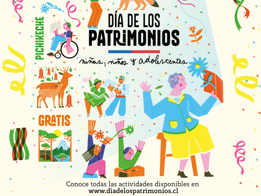 afiche Dia del Patrimonio de niñas, niños y adolescentes. Fondo color crema e ilustraciones de colores