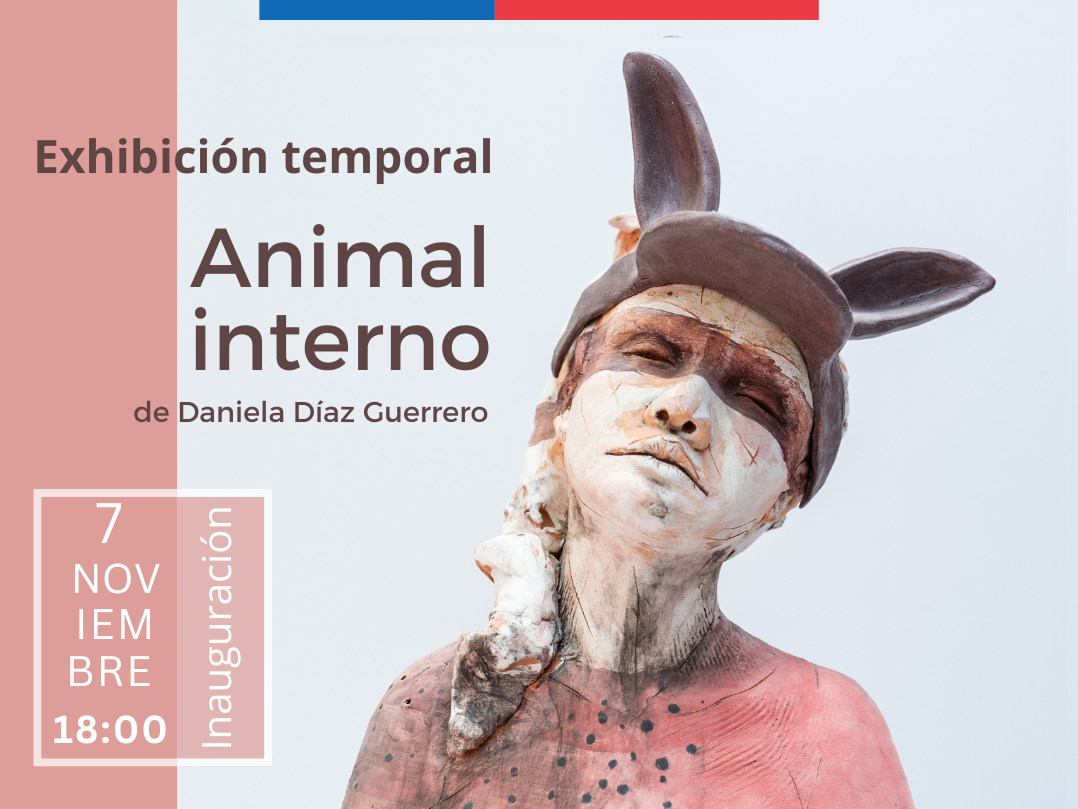 FOTOGRAFÍA DE UNA ESCULTURA DE UNA MUJER CON OREJAS DE CONEJO. tEXTO QUE DICE eXHIBICION TEMPORAL "ANIMAL iNTERNO"