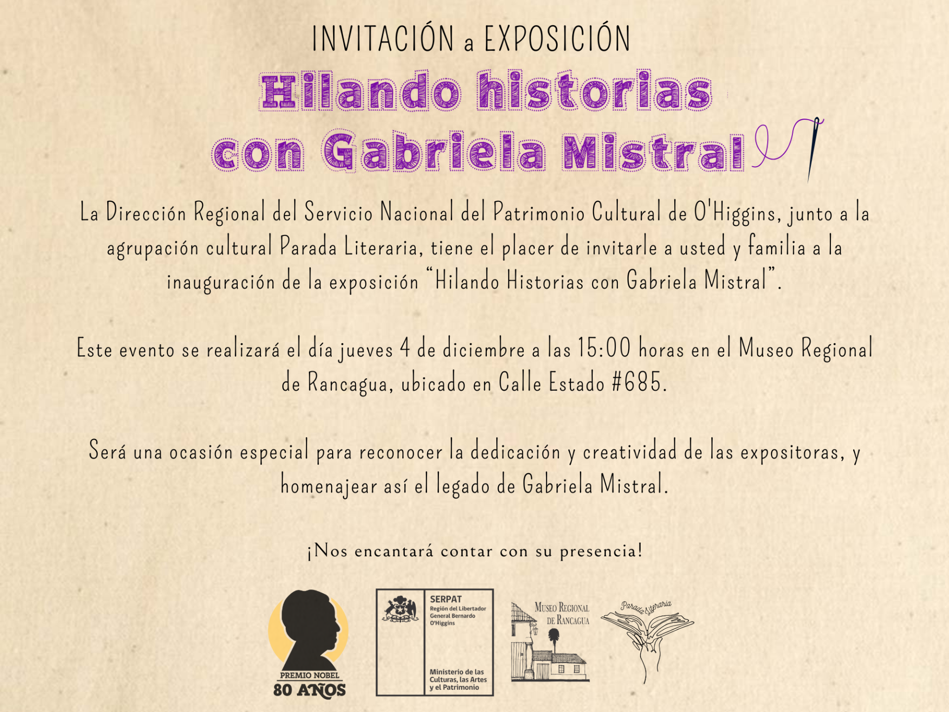 Afiche invitación Hilando Historias con Gabreila Mistral, 04 de diciembre 15:00 hrs