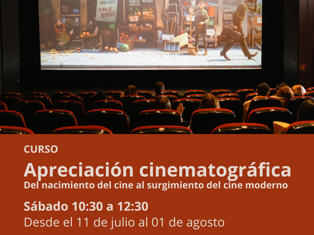 afiche con foto de un cine de fondo y letrero