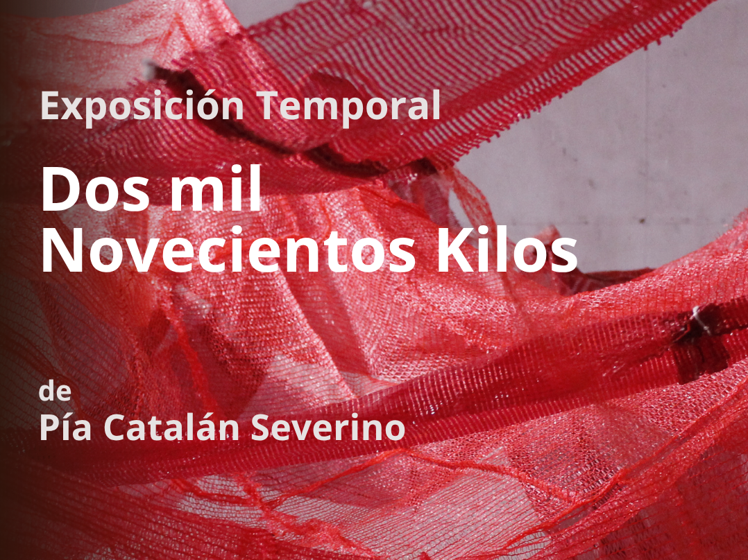 afiche con fotografía de mallas plasticas de color rojo de fondo y el texto Exposición temporal "Dos mil noveceientos kilos" de Pía Catalán Severino
