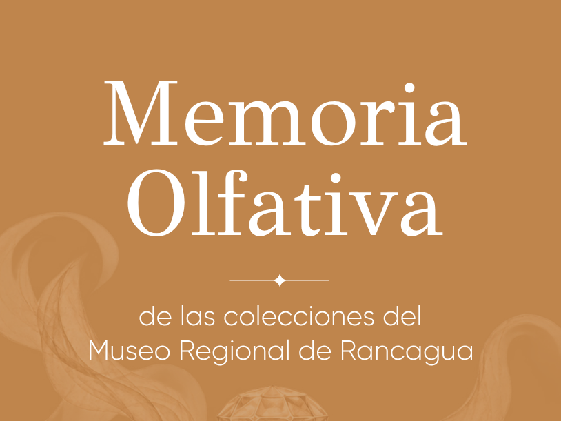 afiche fondo terracota y letras blancas Memoria olfativa de las colecciones del museo