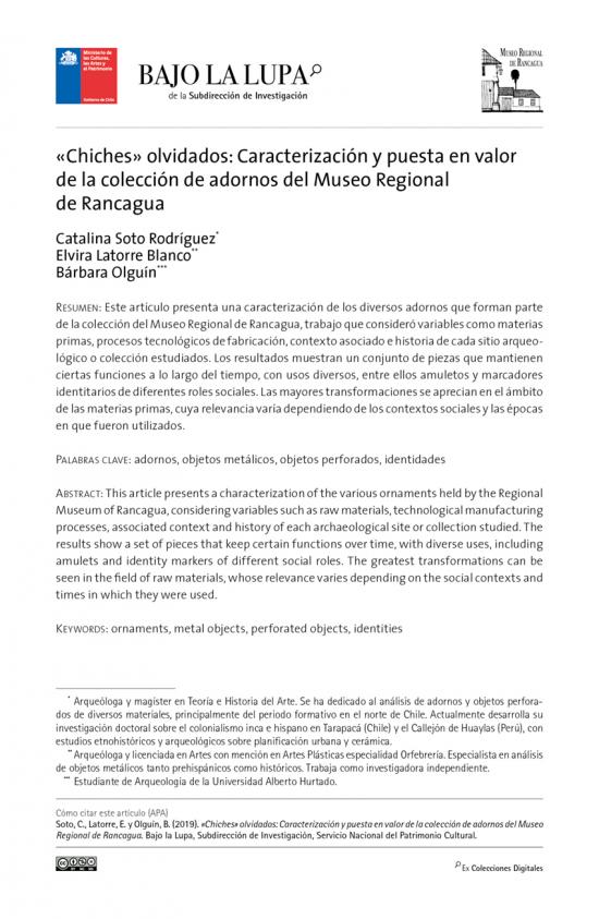 «Chiches» olvidados: Caracterización y puesta en valor de la colección de adornos del Museo Regional de Rancagua 
