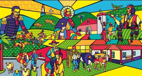 Ilustración digital en diversidad de colores que muestra escenas campesinas como hombres caballo, hombres arriando ganado, bailes populares, etc.