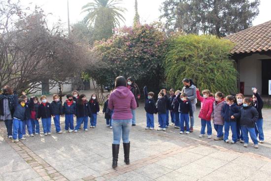 Se aprecia un grupo de niños y niñas junto a sus educadoras disfrutando de una visita mediada, algunos de estos infantes entusiasmados levantan su mano para responder una pregunta.