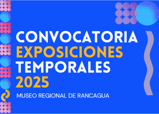 letras blancas y amarillas y fondo azul, texto convocatoria exposiciones temporales 2025