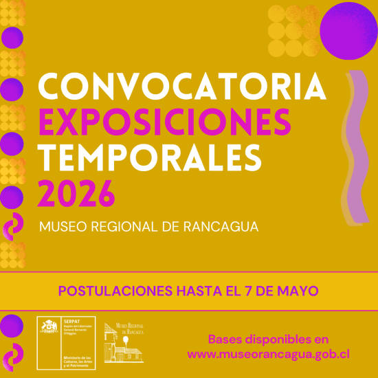 Afiche color mostaza con el texto Convocatoria exposiciones temporales 2026 Museo Regional de Rancagua